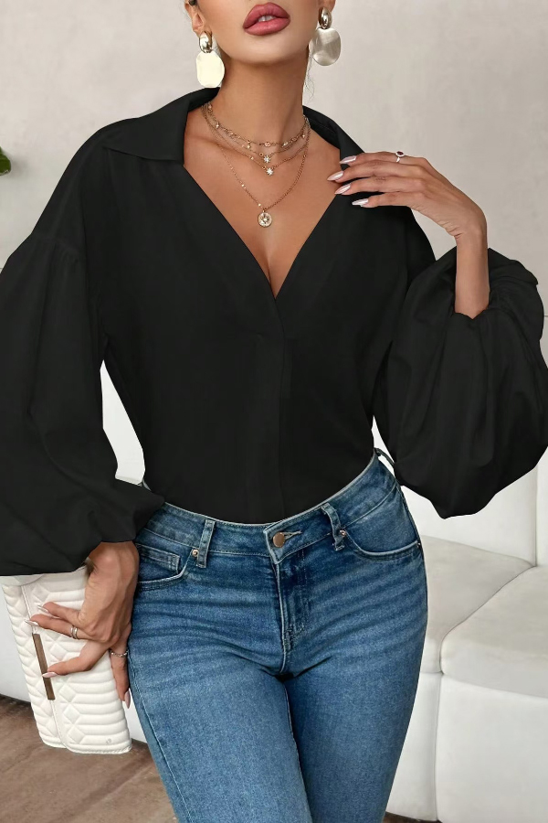 Stylish Polka Dot Print Collared Puff Sleeve Loose Shirt | Consonak