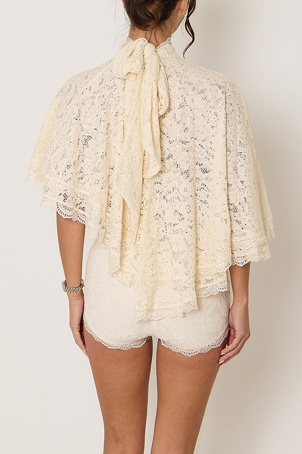 Carmen Lace Bow-tie Round Neckline Ruffle Cape Overlay Top