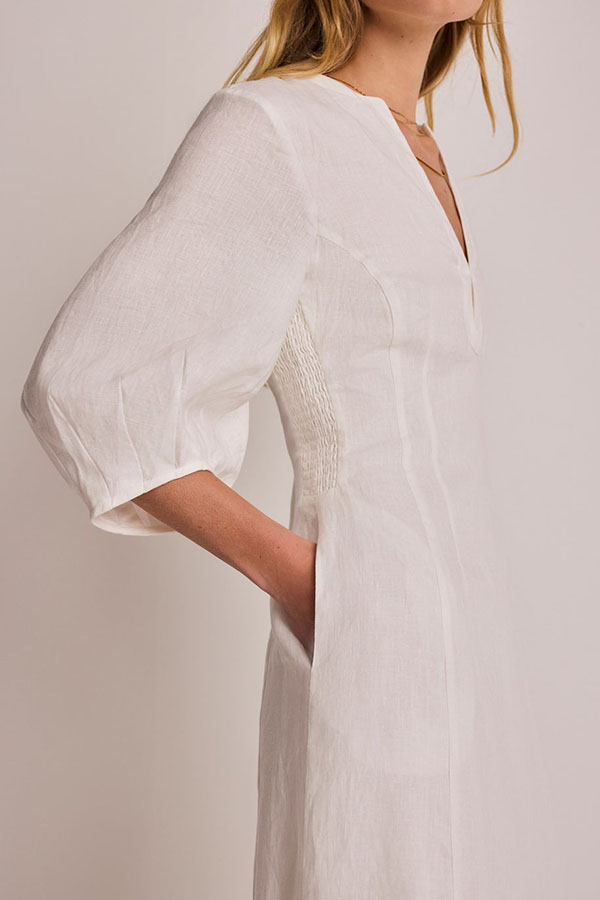 Verrah Linen Blend Key-hole Detail Neck Puff Half Sleeve Pocket Midi Dress