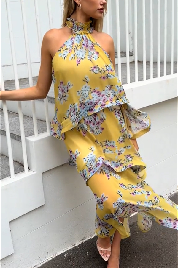 Briony Georgette Fabric Floral Print Pleated High Neck Tiered A-line Maxi Dress