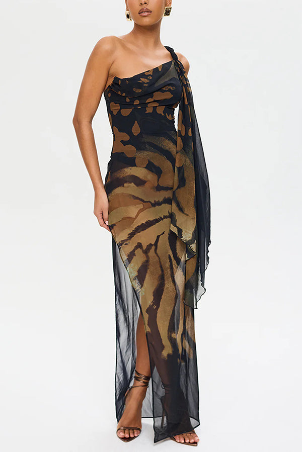 Unique Print Sexy One Shoulder Slim High Slit Maxi Dress-consonak
