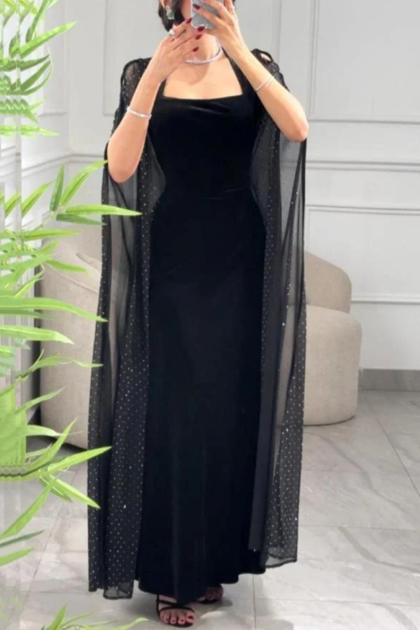 Solid Color Velvet Square Neck Slim Fit Rhinestone Maxi Dress-consonak