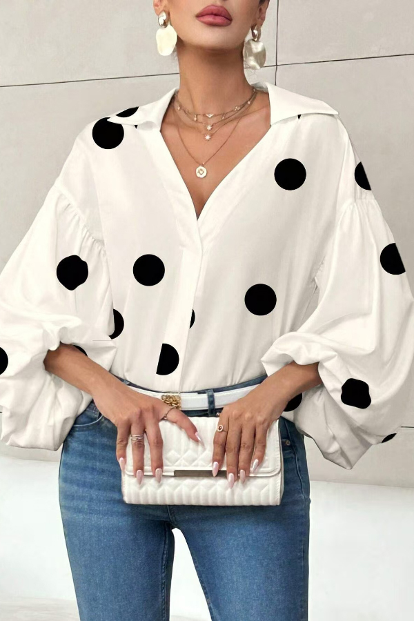 Stylish Polka Dot Print Collared Puff Sleeve Loose Shirt | Consonak
