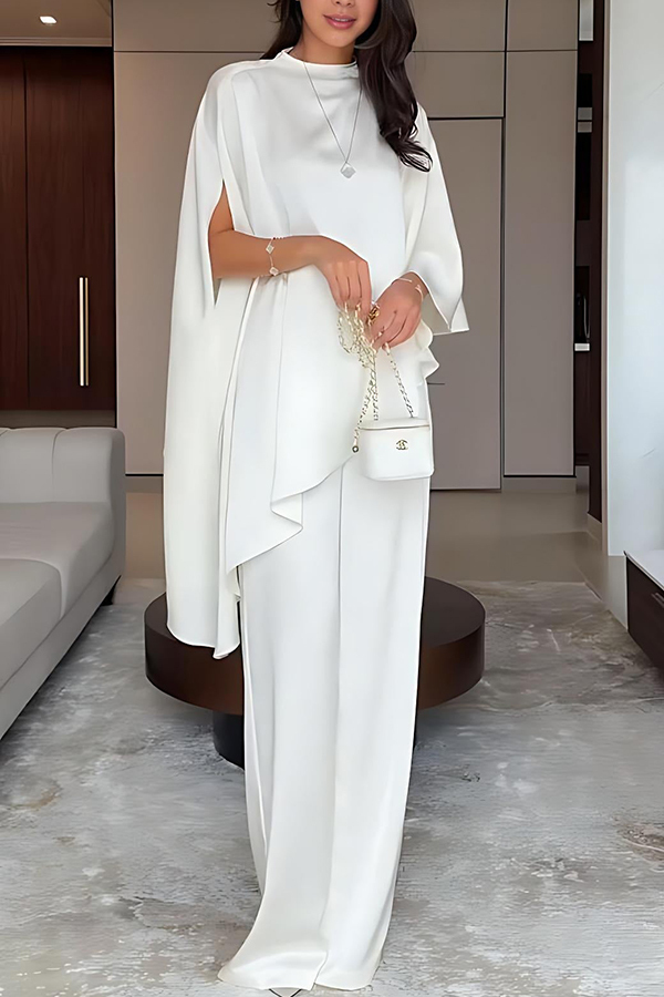 Iris Satin High Neck Cape Sleeve Irregular Hem Top and Elastic Waist Wide-Leg Pants Set-consonak