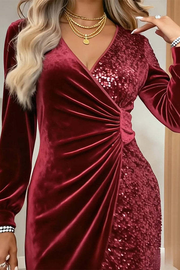 Fashionable Velvet Sequined V-neck Long-sleeved Slim-fit Mini Dress-consonak