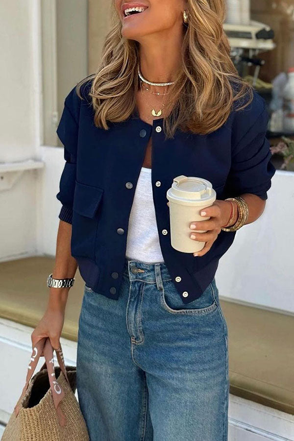 Cup of Cozy Round Neck Buttoned Long Sleeve Short Pocket Jacket-consonak