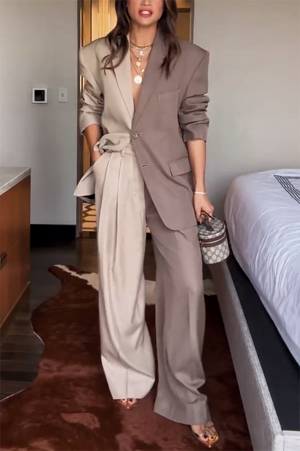 Girl Boss Avant-garde Contrast Colors Lapel Boyfriend Blazer and Pocketed Wide Leg Pants Set-consonak