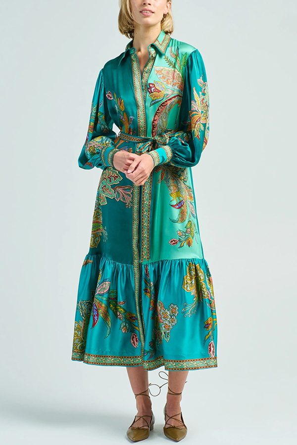 Resort Style satin Unique Printed Lapel Lantern Sleeve Lace-up Midi Dress-consonak