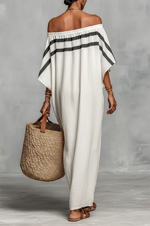 Bella Linen Blend Striped Print Off Shoulder Half Wide Sleeve Loose Maxi Dress-consonak