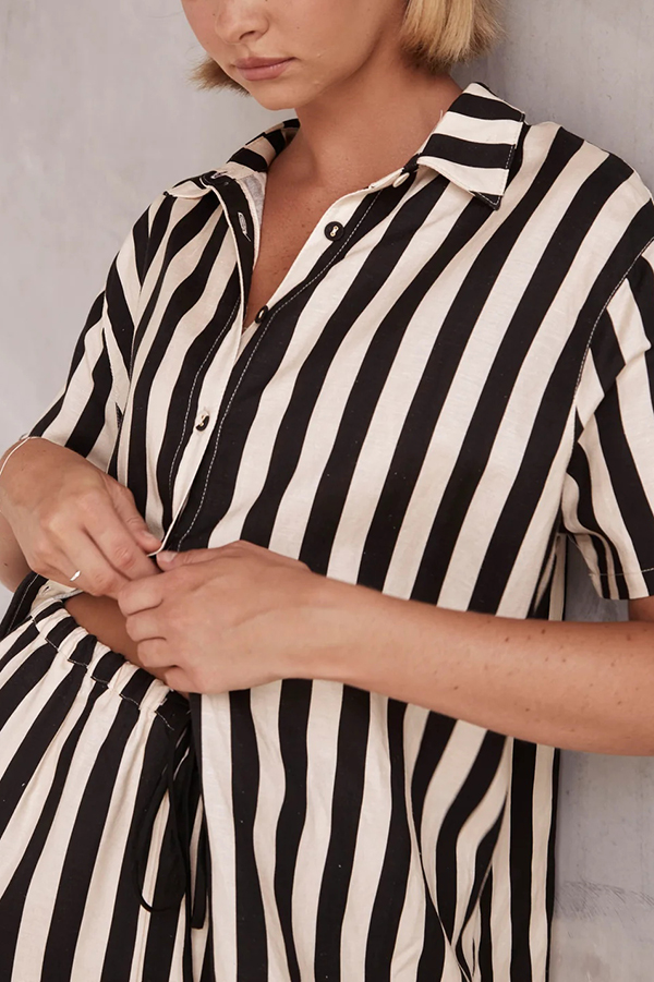 Erika Striped Casual Shirt and Elastic Waist Pocket Wide Leg Pants Set-consonak