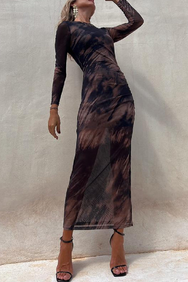 Charm Lady Mesh Overlay Tie Dye Print Long Sleeve Ruched Stretch Midi Dress | Consonak