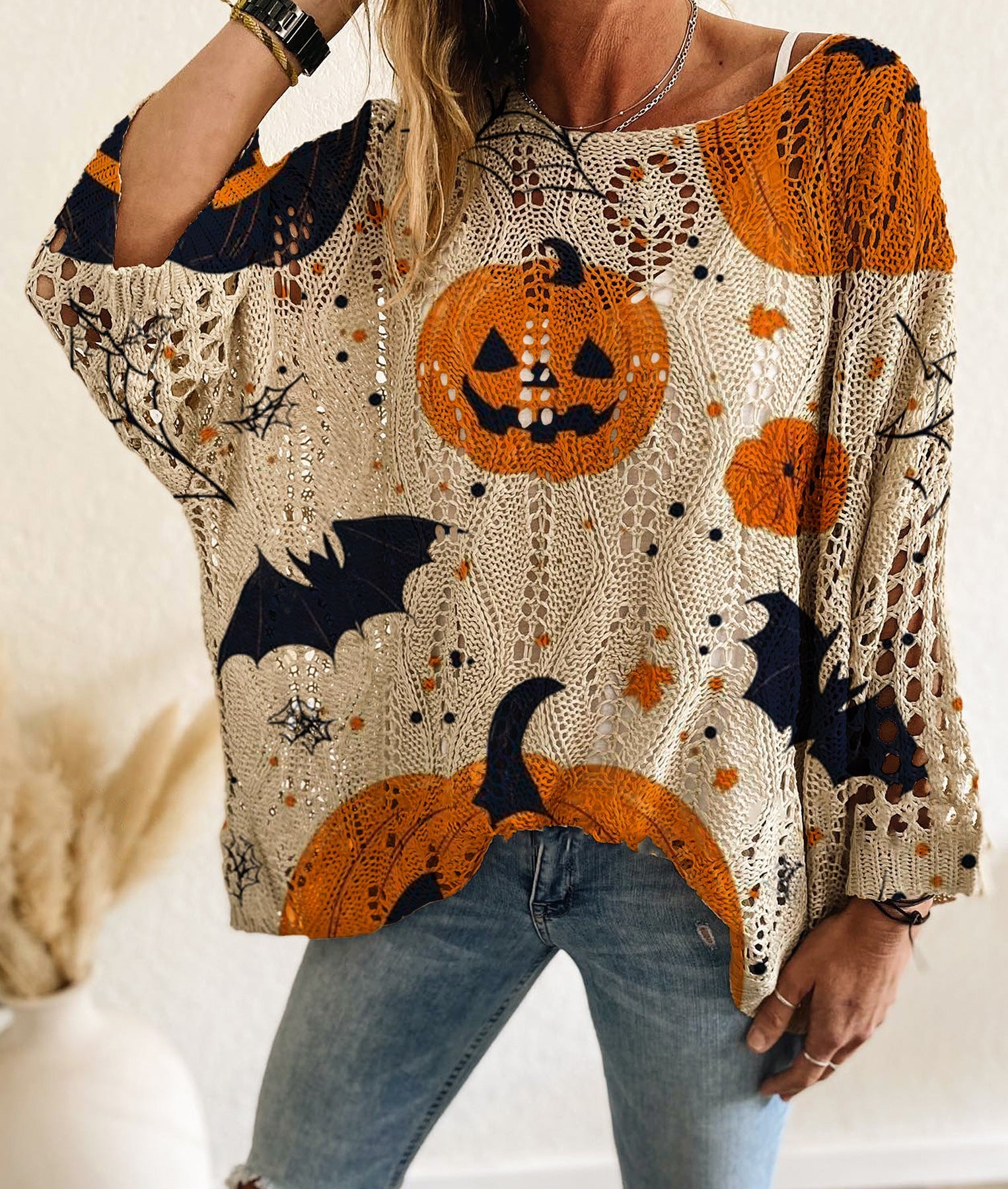 Halloween Pumpkin & Bat Hollow Out Knit Oversized Sweater-Consonak