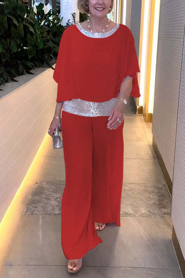 Stylish Sequin Patchwork Dolman Sleeve Top and Elastic Waist Wide Leg Pants Set-consonak