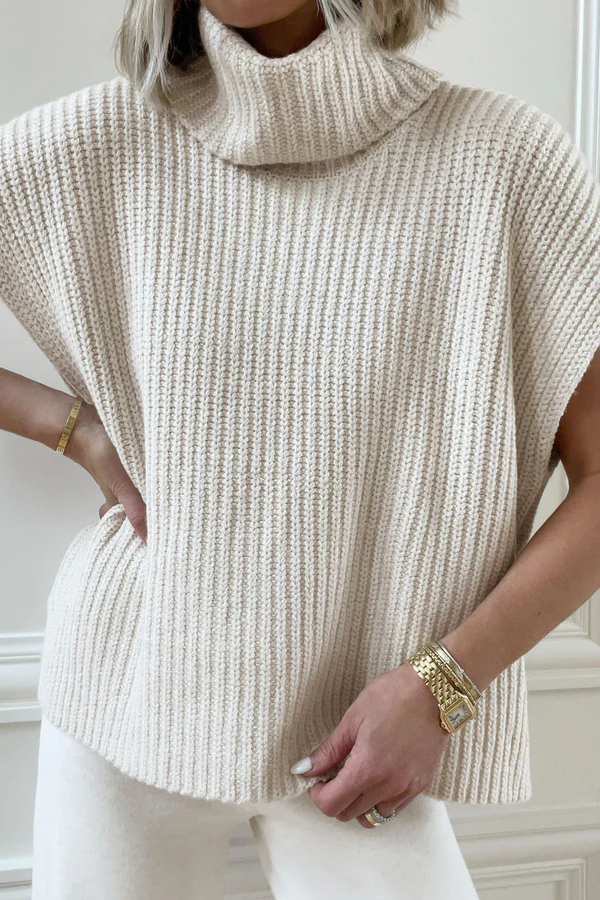 Comfortable and Luxe Knit TurtleNeck Cap Sleeves Lightweight Sweater-consonak