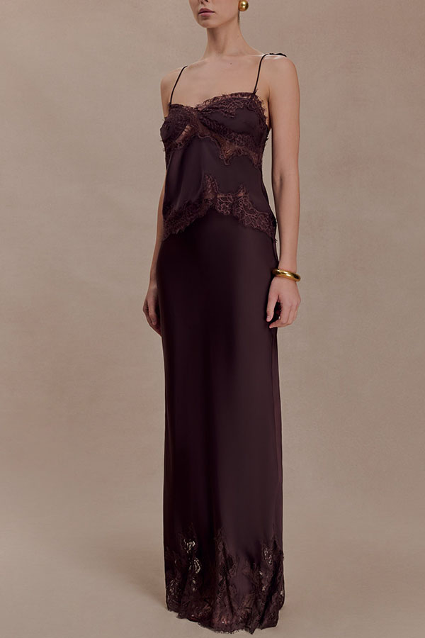 Nina Satin Lace Detail Mid Rise Flare Drape Maxi Skirt-consonak