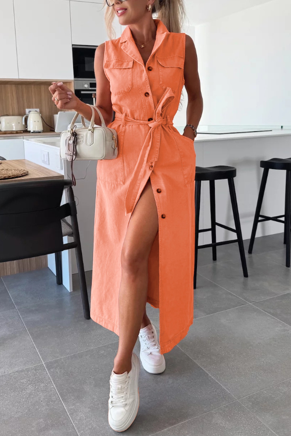 Solid Color Sleeveless Single Breasted Waist Tie Casual Pocket Denim Midi Dress | Consonak