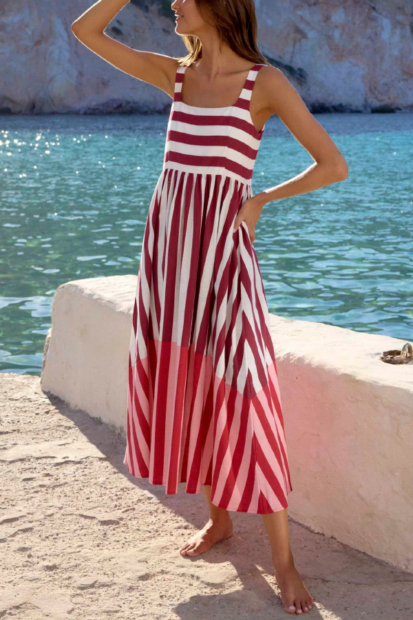 Fashionable Striped Printed Square Neck Sleeveless Casual Vacation Maxi Dress