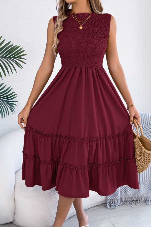 Solid Color Sleeveless Tucked Patchwork Casual Midi Dress-consonak