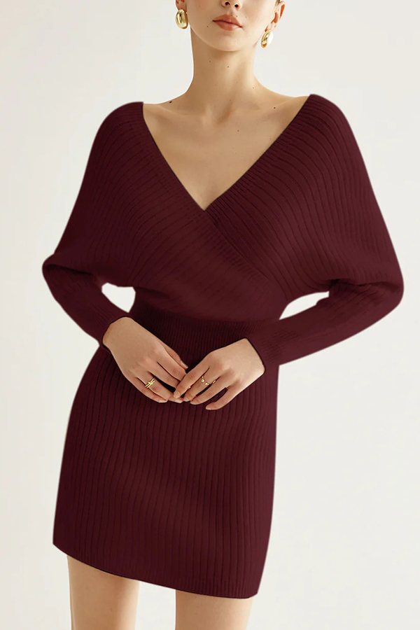 Solid Color Crossover V-neck Long-sleeved Fitted Waist Knit Mini Dress-consonak