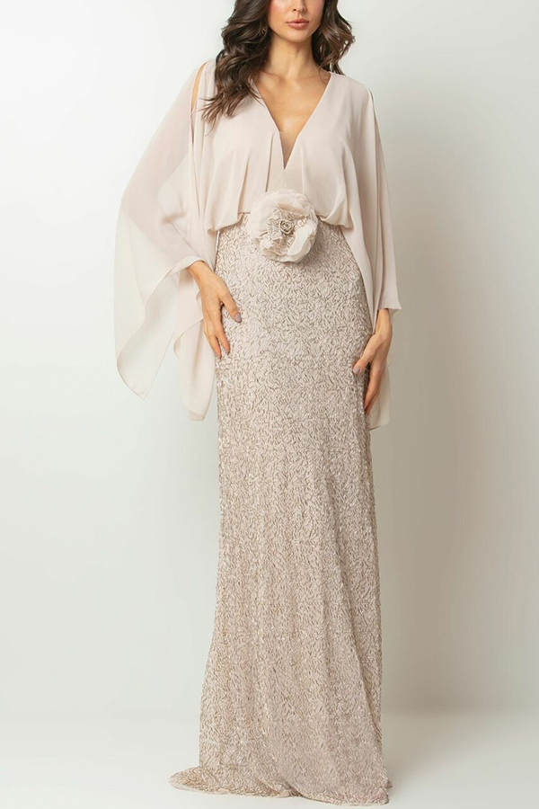 Aleina Chiffon Batwing Sleeve Flower Embroidered Waist Sequin Fabric Maxi Dress | Consonak