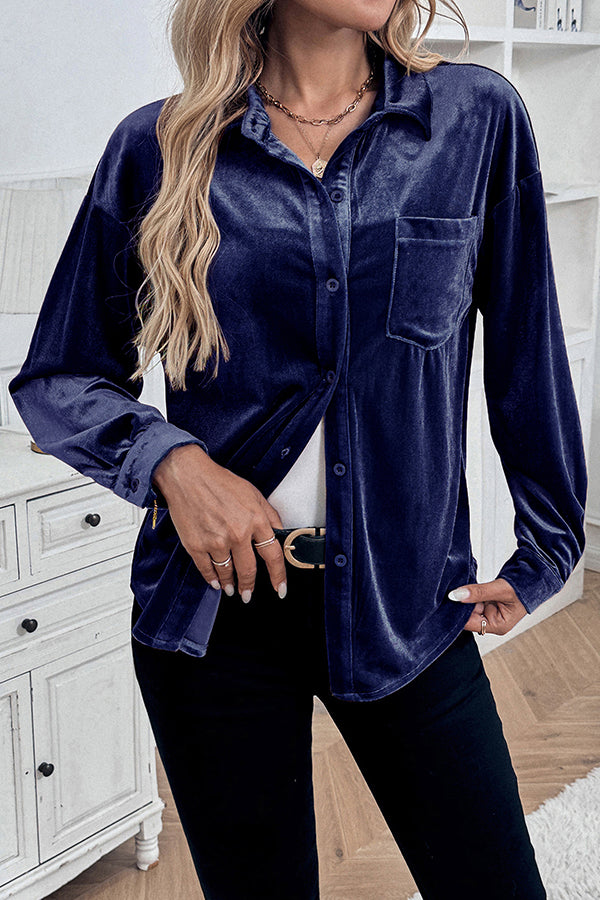 Solid Color Velvet Casual Lapel Pocket Loose Shirt-consonak