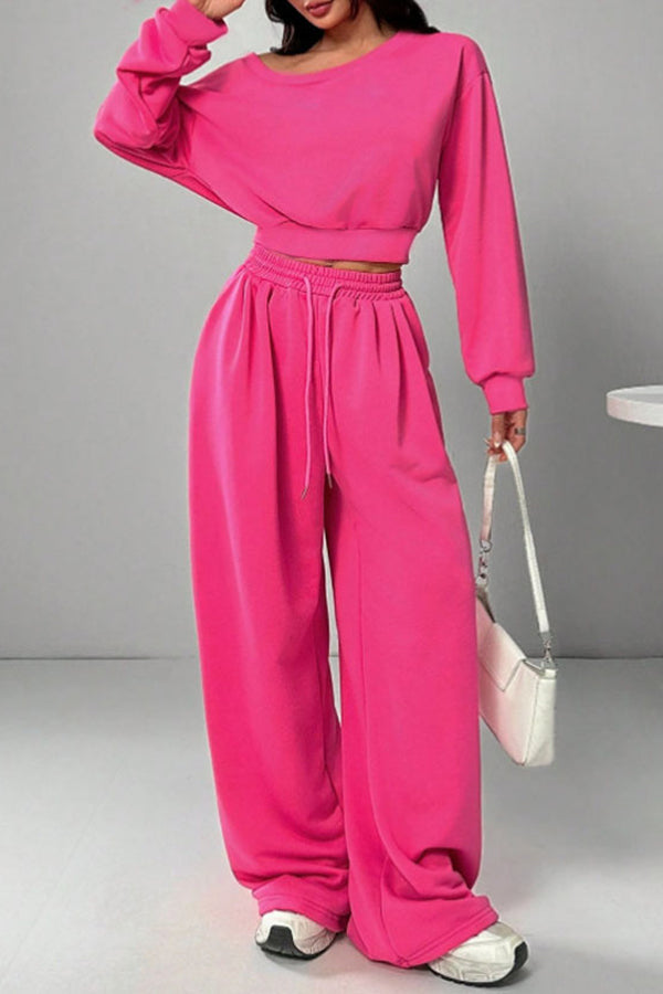 Solid Color Loose Long-sleeved Short Top and Elastic Waist Casual Pocket Wide-leg Pants Set-consonak