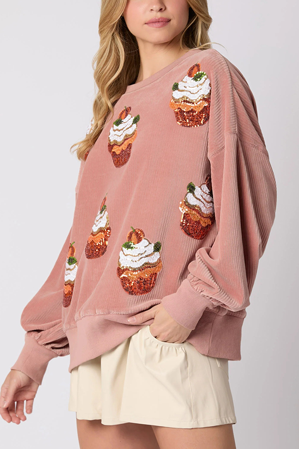 Christmas Pumpkin Cake Sequined Round Neck Loose Sweatshirt-consonak