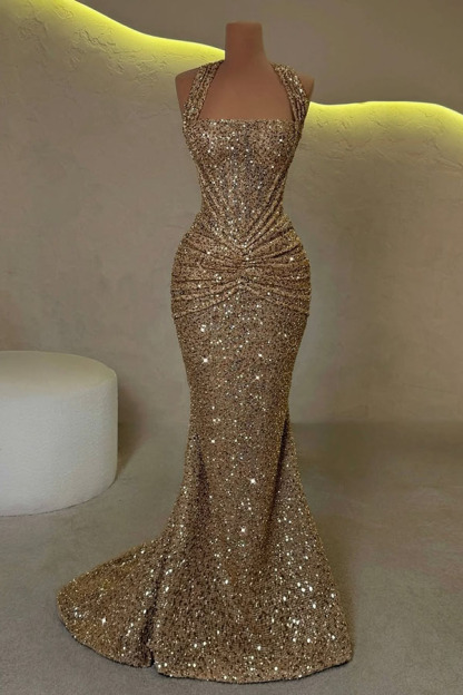 Velda Sequin Halter Square Neck Ruched Waist Back Lace-up Drape Flare Maxi Dress-consonak