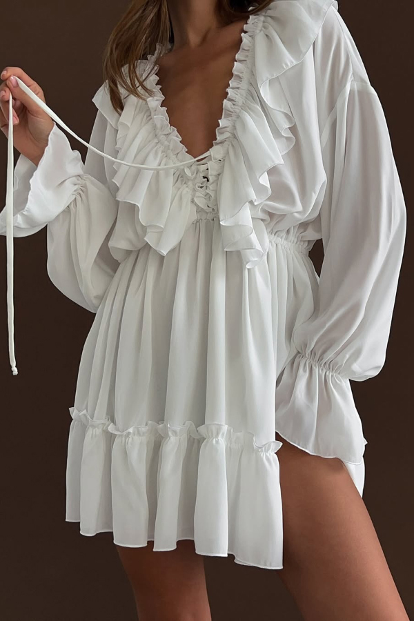 Solid Color V-neck Ruffled Ruched Long-sleeved Vacation Mini Dress | Consonak