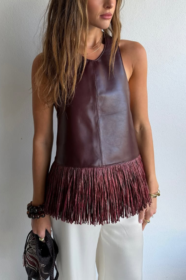Stylish Halter Neck Sleeveless Leather Tassel Loose Top | Consonak