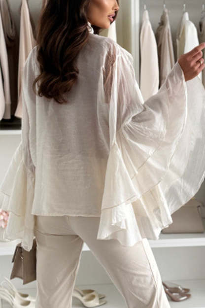 Breezy Touch Chiffon Layered Ruffles Long Bell Sleeve Button Up Loose Blouse-consonak