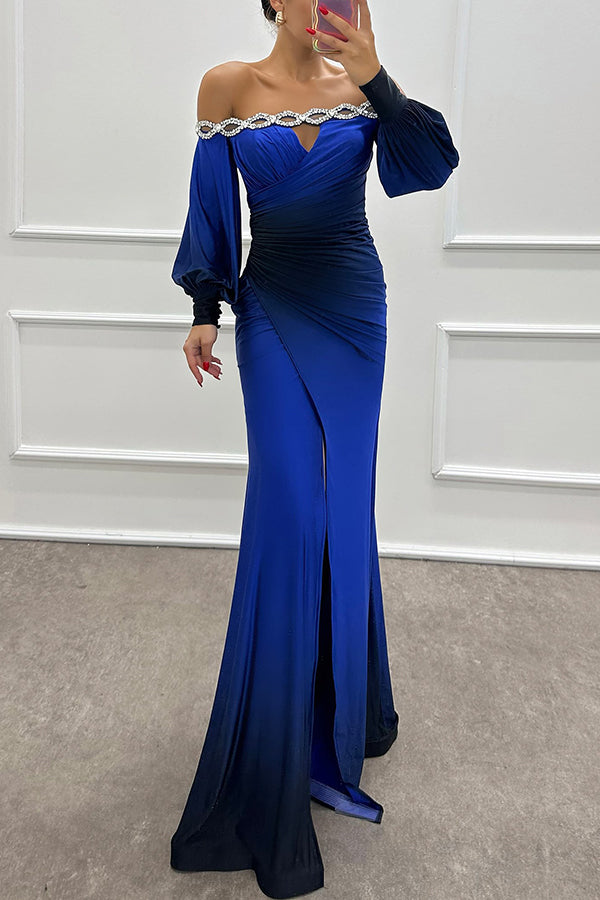 Julieta Gradient Print Boat Neck Off Shoulder Gem Detail Slit Gown Maxi Dress | Consonak