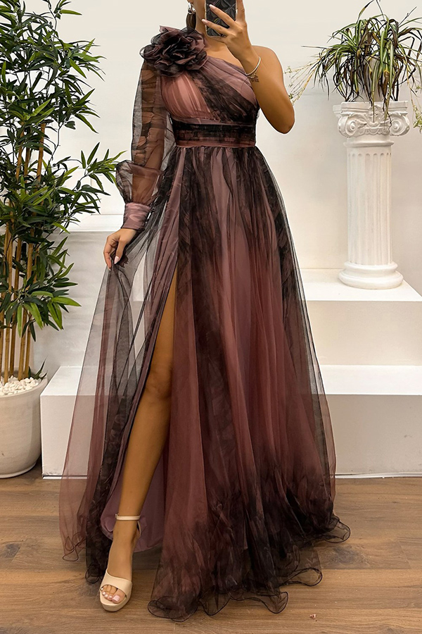 Guest List Tulle Printed Flower Pendant One Shoulder Pleated Slit Maxi Dress | Consonak