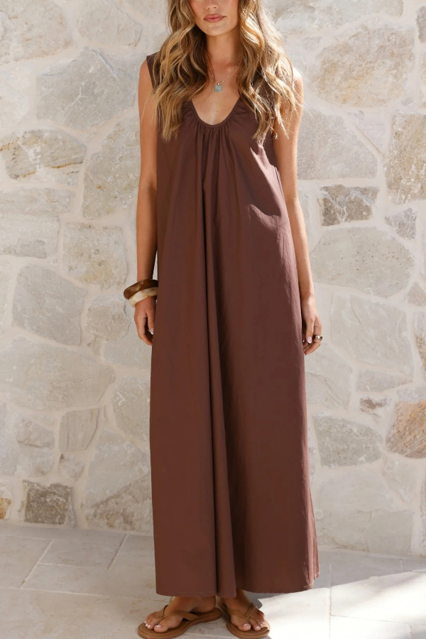 Solid Color Loose Sleeveless Casual Vacation Maxi Dress-consonak
