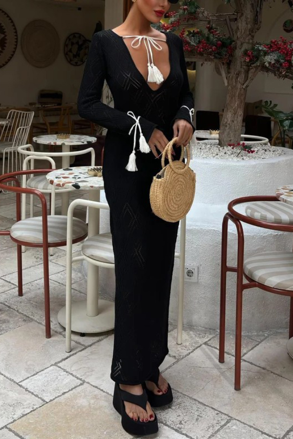 Solid Color Long-sleeved Tie Slim-fit Knit Openwork Cover-up Maxi Dress-consonak