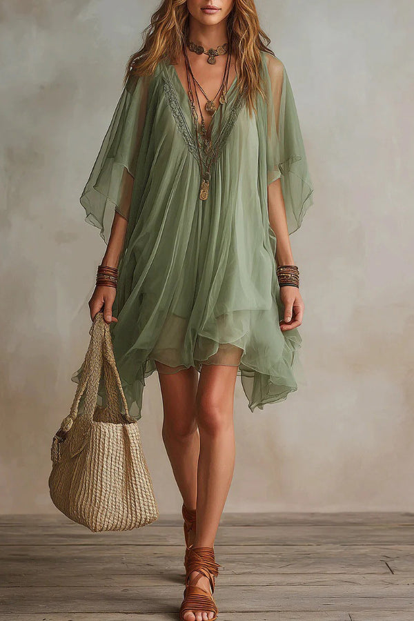 V-neck Chiffon Loose-fitting Cover-up Beach Dress-Consonak