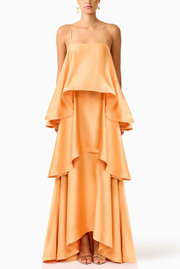 Soft and Smooth Satin Tiered Slip Square Neck A-line Maxi Dress