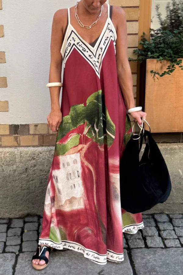 Unique Print Loose-fitting V-neck Casual Holiday Maxi Dress
