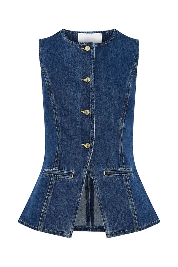 Abel Denim Button Up Princess Seams Pocket Vest Top | Consonak