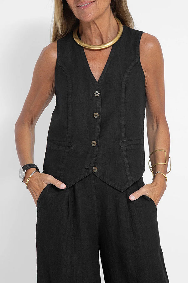 Eddie Linen Blend Button Vest and Elastic Waist Pocketed Wide Leg Pants Set-consonak