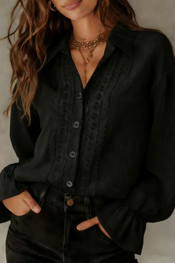 Solid Color Patchwork Lace Lapel Long-sleeved Button Casual Shirt-consonak