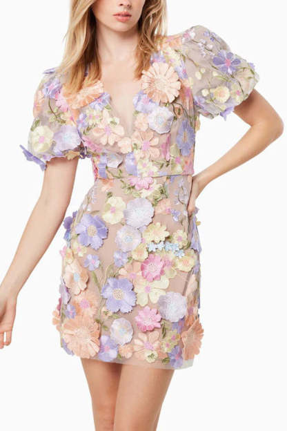 Garden Gala Embroidered Floral Applique Puff Sleeve Mini Dress-consonak