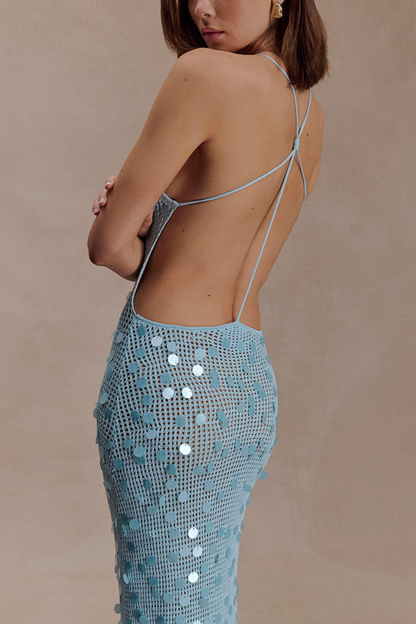 All Shimmer Knit Crochet Sequin Open Back Lace-up Vacation Maxi Dress