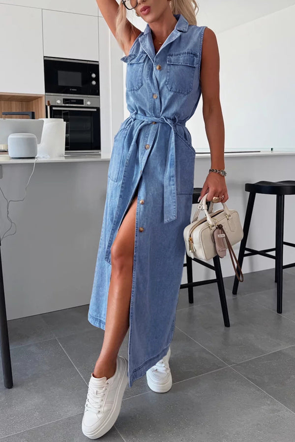 Solid Color Sleeveless Single Breasted Waist Tie Casual Pocket Denim Midi Dress | Consonak