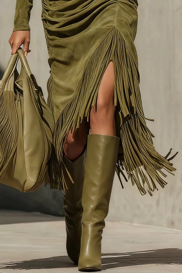 Stylish Suede High-neck Long-sleeved Pleated Tassel Midi Dress-consonak