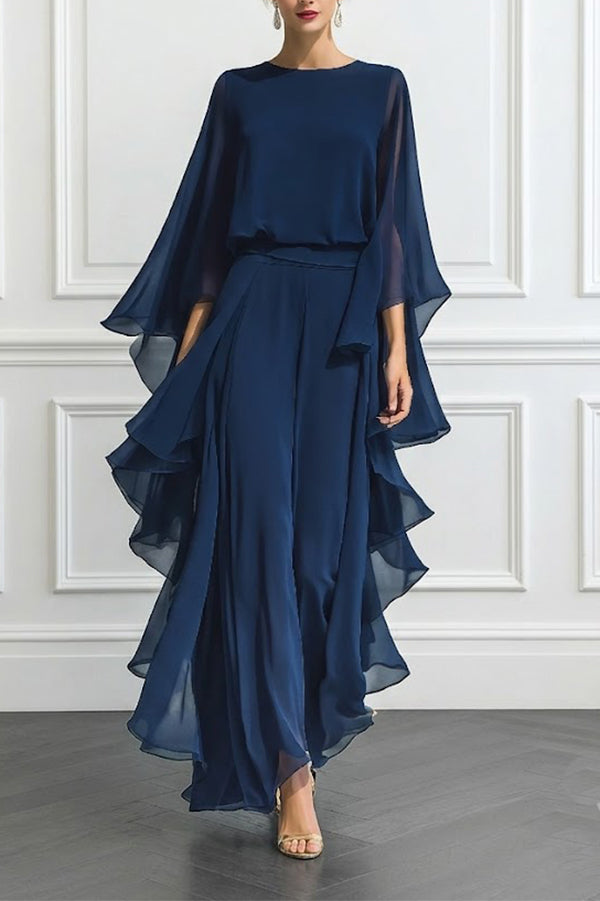 Chic Midnight Blue Ruffled Overlay Wide-Leg Pantsuit-Consonak