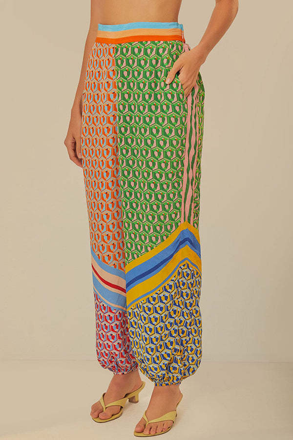 Brazil's Joyful Spirit Colorful Unique Print Elastic Waist Pocketed Loose Bloomer Pants-consonak