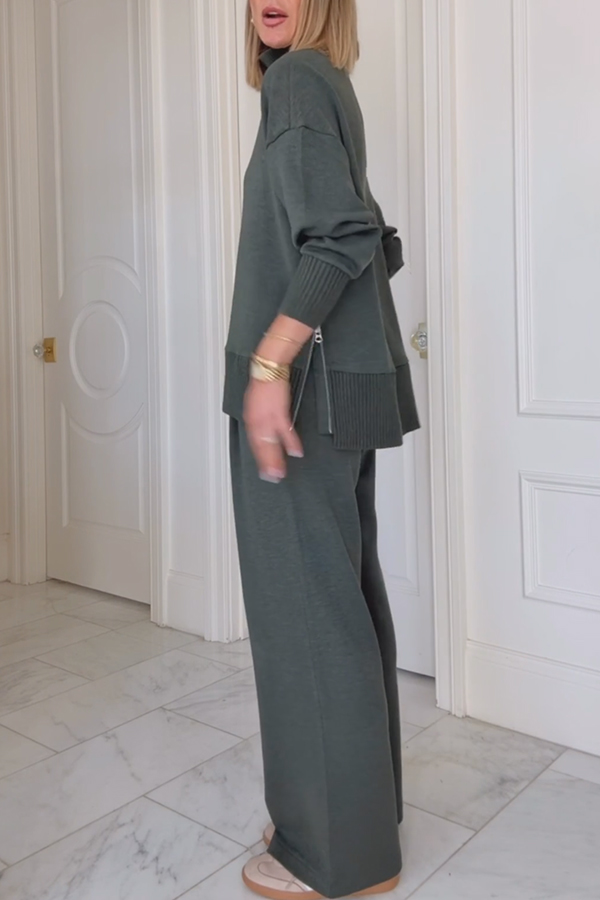 Barker High-Neck Long Sleeve Side Zipper Sweatshirt and Elastic Waist Pocketed Loose Pants Set-consonak