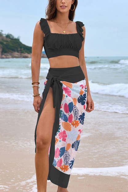 Floral Print Ruffled Two-piece Stretch Bikini Swimsuit and Elegant Gauze Scarf Set-consonak