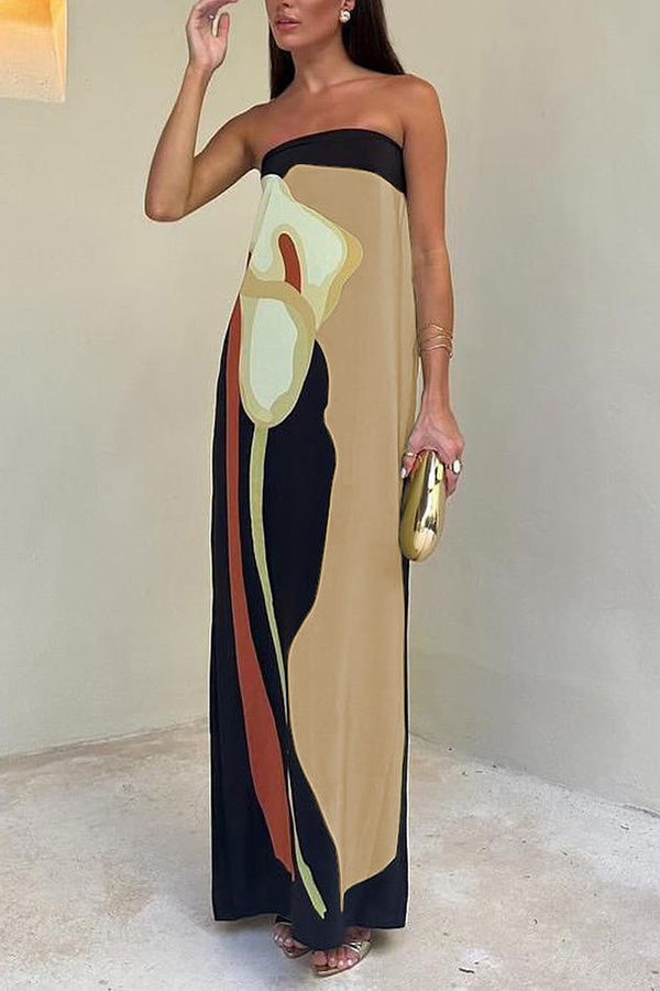 Jaime Abstract Floral Print Elasticated Off Shoulder Vacation Loose Maxi Dress | Consonak
